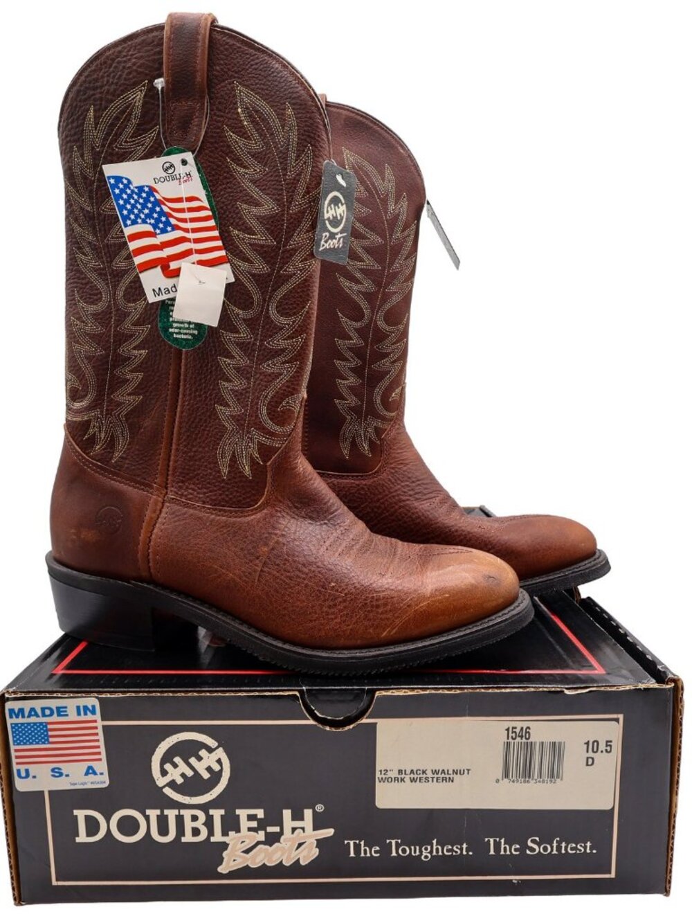 Vintage Double-H Boots Mens 10.5 D Leather 12" Black Walnut Work Western 1546 NW